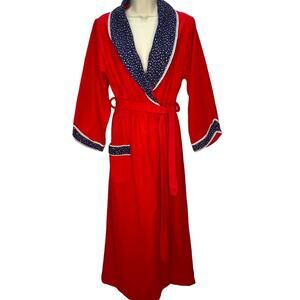 Vintage Texsheen Lingerie Robe Red Fleece Floral Lace Trim Size M Cottage